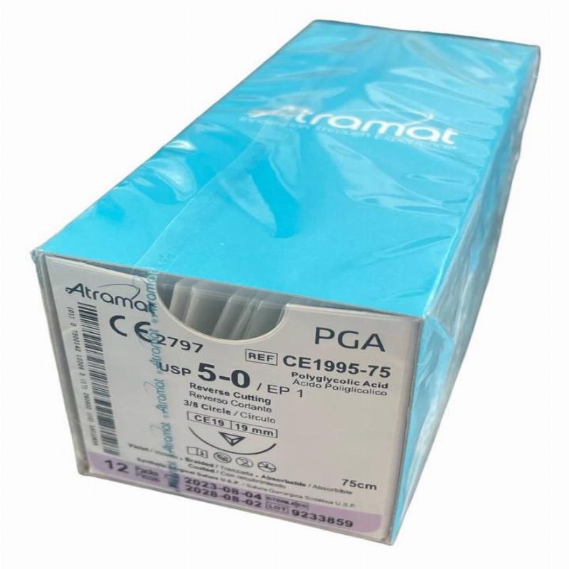 PGA (полігліколід) CE1995-75 плетений фіолетовий, що розсмоктується USP 5-0 (EP1) зі зворотн.-ріж. голкою 19мм, 3/8 кола, довж. нитки 75см